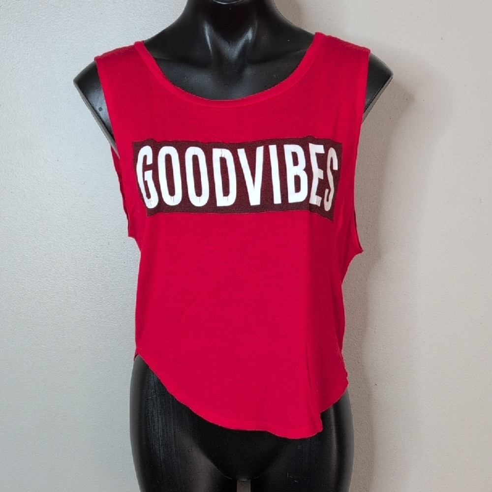 Papaya Red GOODVIBES Asymmetrical Crop Muscle Tee – Size M